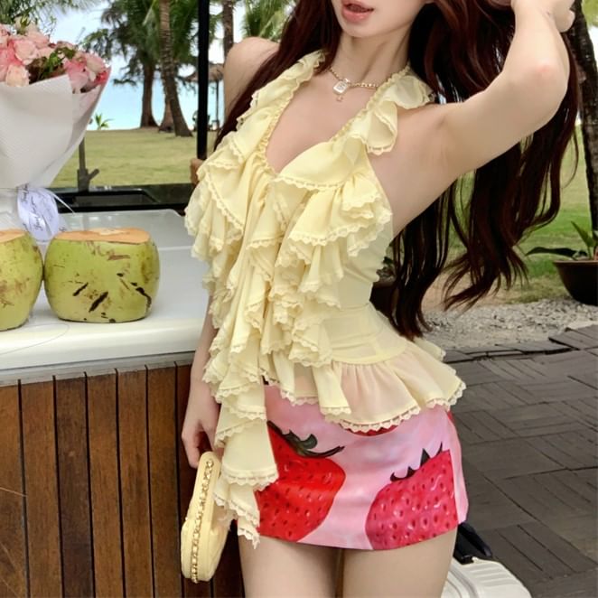 Plain Halter Strawberry Print Mini Ruffle Pencil Skirt High / Top Waist