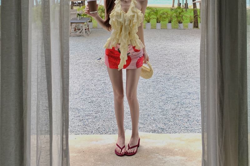 Plain Halter Strawberry Print Mini Ruffle Pencil Skirt High / Top Waist