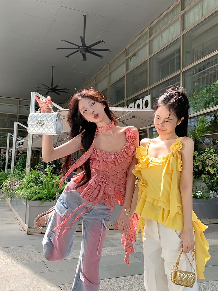 Ruffle Floral Top Detail Plain Asymmetrical Cami