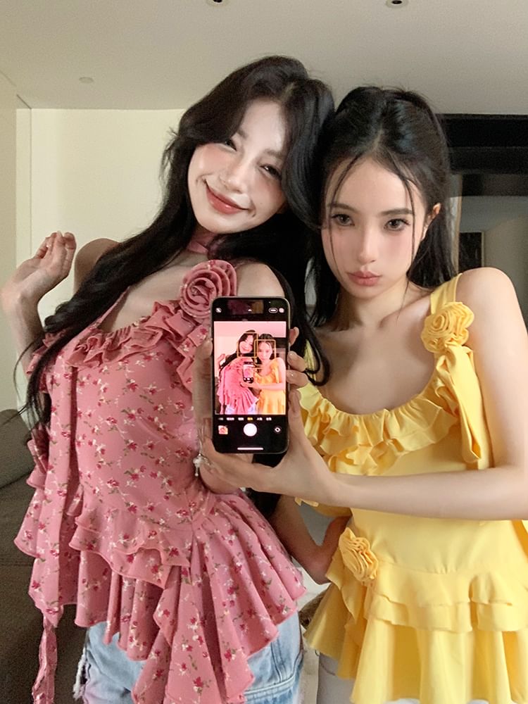 Ruffle Floral Top Detail Plain Asymmetrical Cami