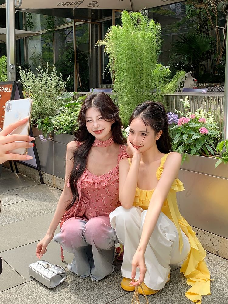 Ruffle Floral Top Detail Plain Asymmetrical Cami