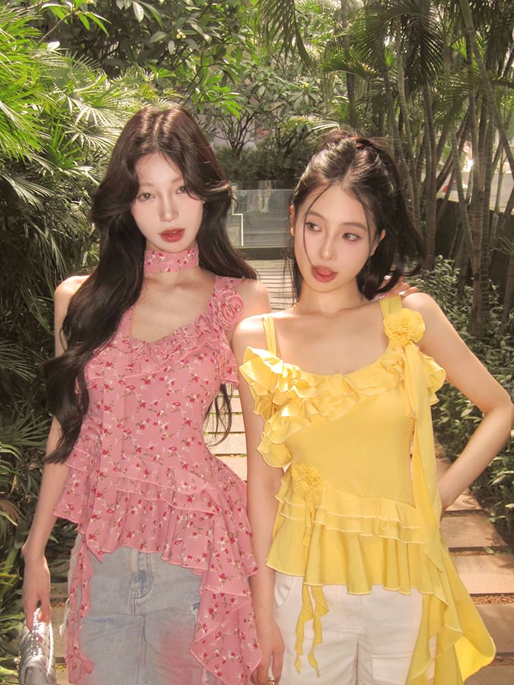 Ruffle Floral Top Detail Plain Asymmetrical Cami