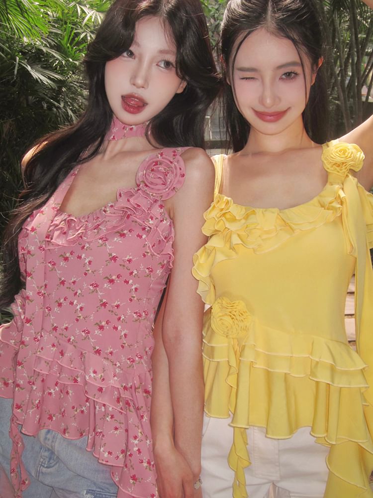 Ruffle Floral Top Detail Plain Asymmetrical Cami