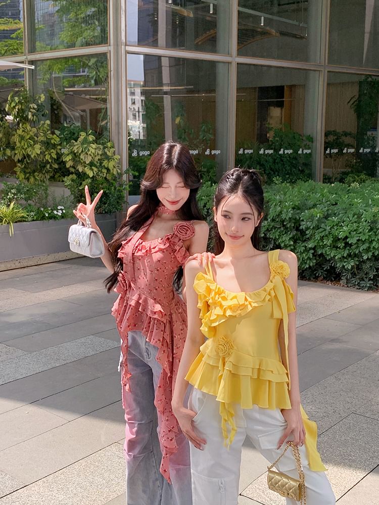 Ruffle Floral Top Detail Plain Asymmetrical Cami