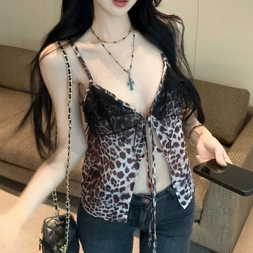 Ruffle Leopard Print Cami Slit Panel Tie-Up V-Neck Top