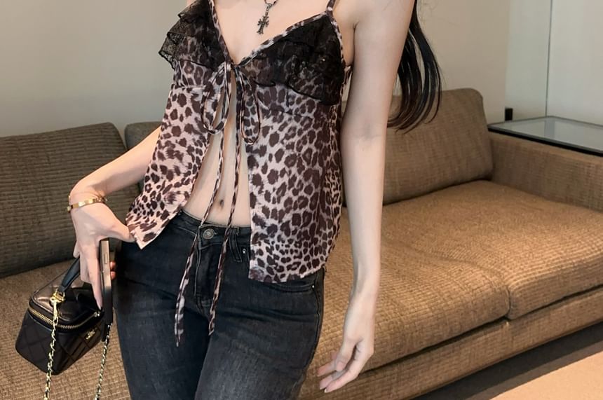 Ruffle Leopard Print Cami Slit Panel Tie-Up V-Neck Top