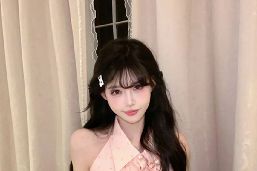 Brooch High Ruffle Waist Set Skirt Mini Print Bow Blouse Collared Pencil / Sleeveless