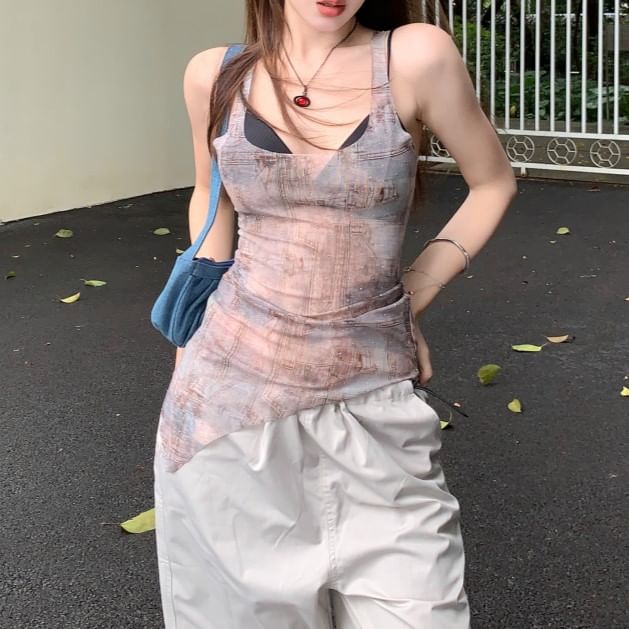 Sheer Denim Bra Neck / Tank Plain Print Square Asymmetrical Top