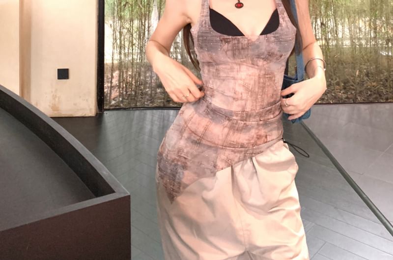 Sheer Denim Bra Neck / Tank Plain Print Square Asymmetrical Top