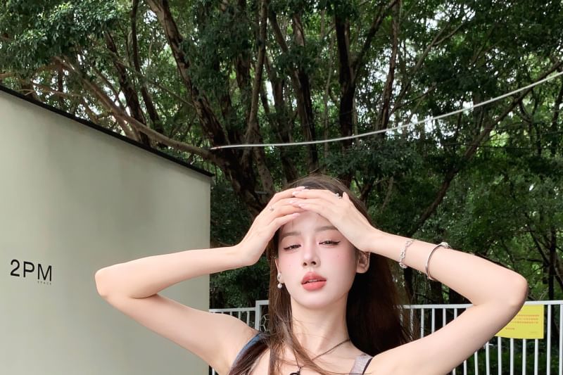 Sheer Denim Bra Neck / Tank Plain Print Square Asymmetrical Top