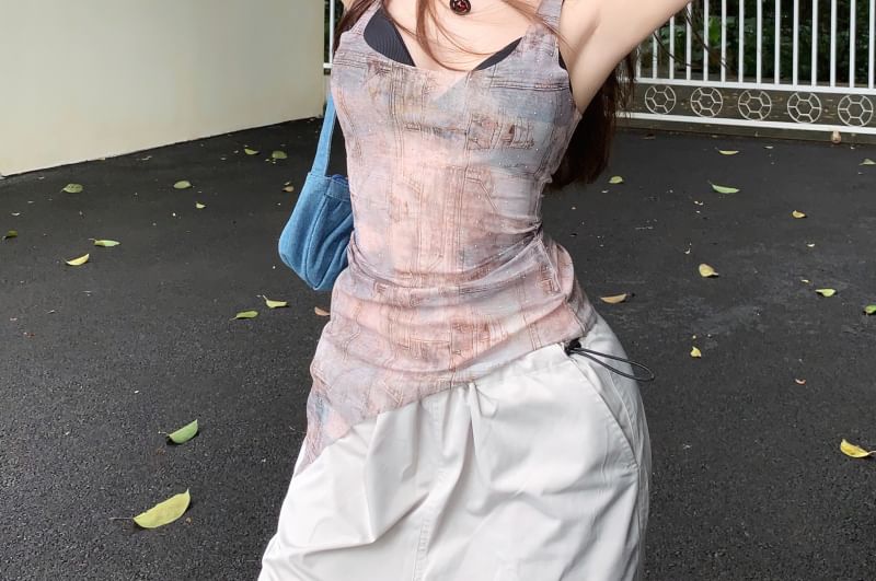 Sheer Denim Bra Neck / Tank Plain Print Square Asymmetrical Top