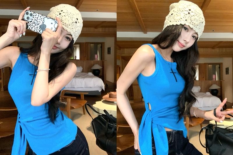 Neck Tie-Up Tank Top Plain Crew