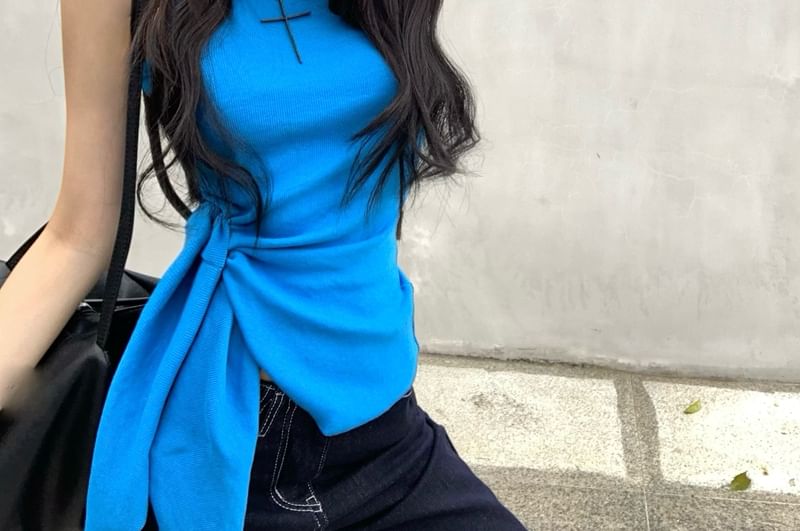 Neck Tie-Up Tank Top Plain Crew