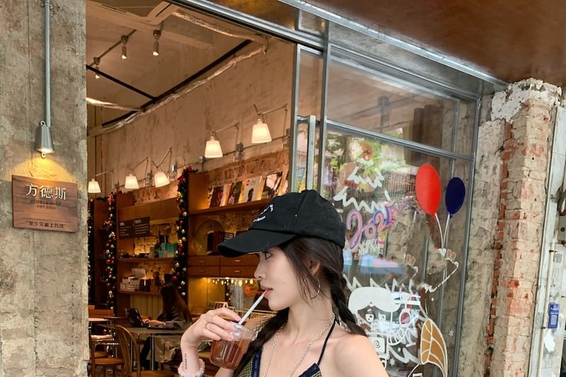 V-Neck Panel Halter Top Plaid