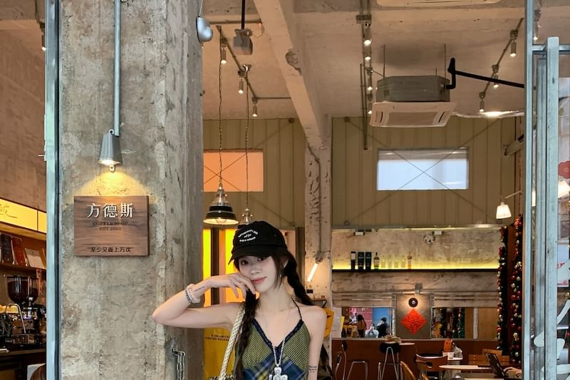 V-Neck Panel Halter Top Plaid