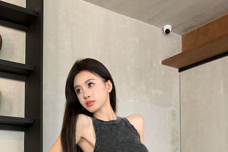 Neck Leg / Plain Pants Waist Washed Drawstring Top Crew Wide Tank