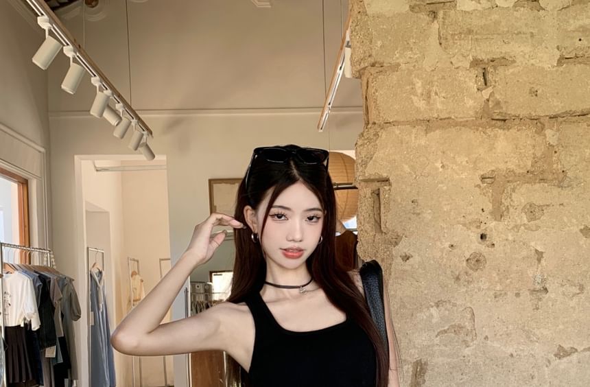 Waist Neck High Tank Pencil / Plain Studded Mini Belt Square Top Skirt Asymmetrical