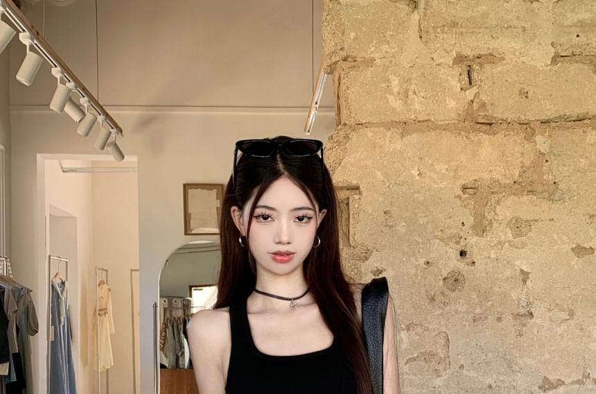 Waist Neck High Tank Pencil / Plain Studded Mini Belt Square Top Skirt Asymmetrical