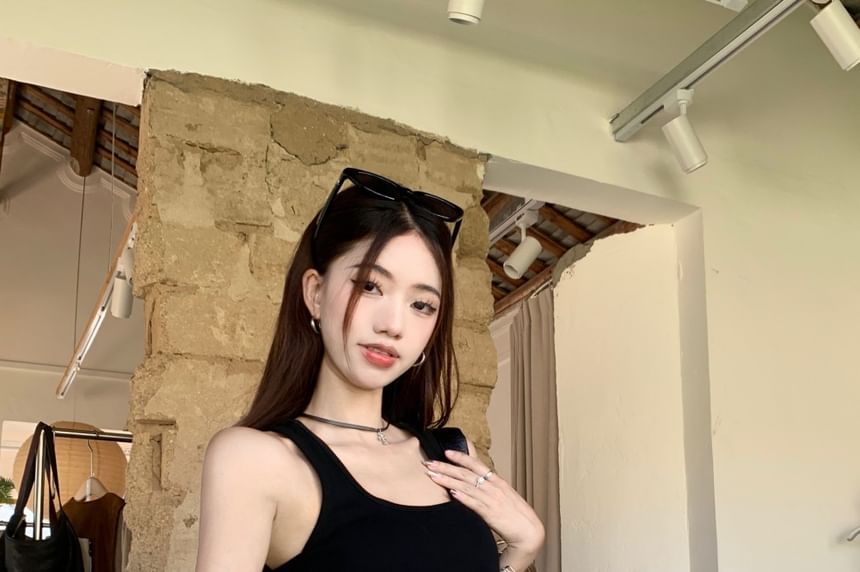 Waist Neck High Tank Pencil / Plain Studded Mini Belt Square Top Skirt Asymmetrical