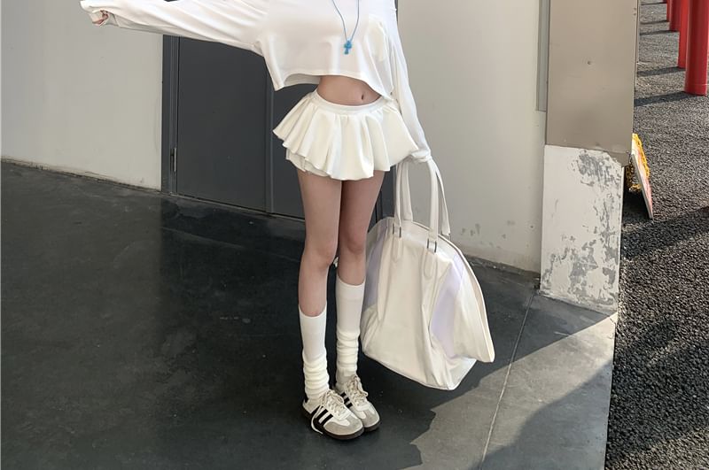 Mini Skirt Long-Sleeve Shoulder T-Shirt Plain / Off A-Line Crop