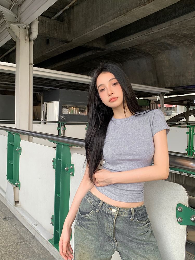 Tee Plain Crewneck Crop Short-Sleeve