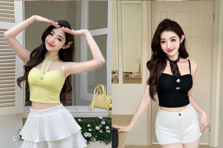 Halter Neck Lace Crop Tee - Sleeveless