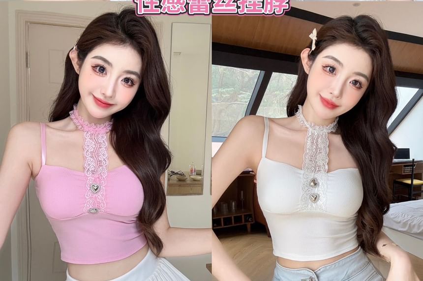 Halter Neck Lace Crop Tee - Sleeveless