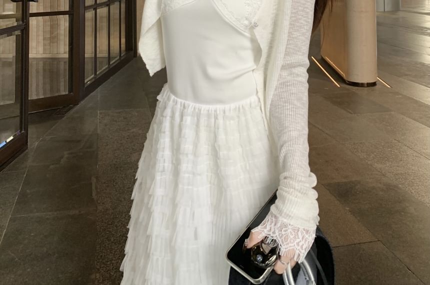 Lace Trim Ruffle Maxi A-Line Dress with Sheer Crop Cardigan
