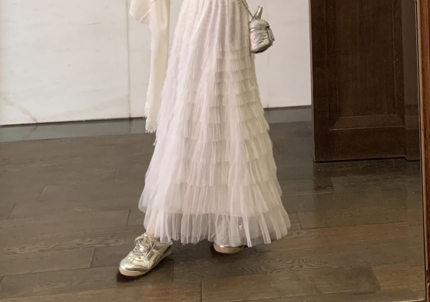 Lace Trim Ruffle Maxi A-Line Dress with Sheer Crop Cardigan