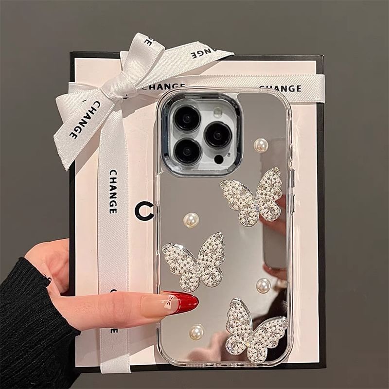 Mirrored Phone Strap / Pearl Case Butterfly Set Faux