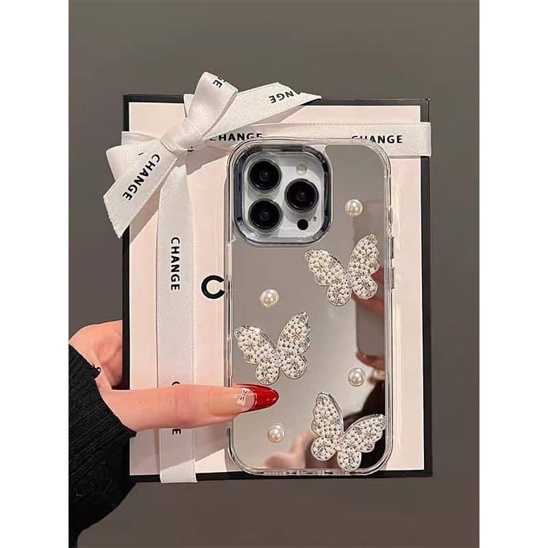 Mirrored Phone Strap / Pearl Case Butterfly Set Faux
