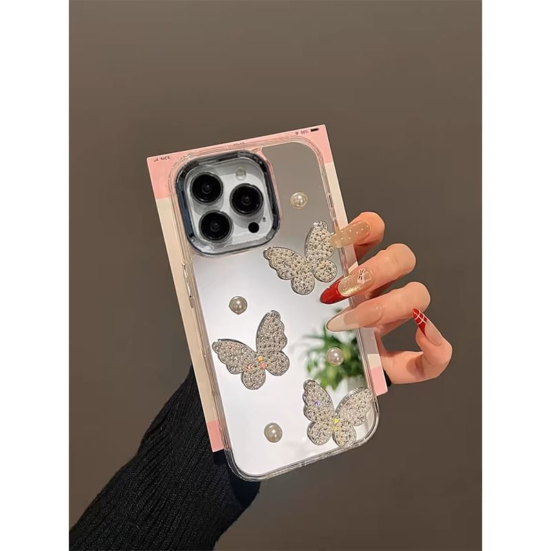 Mirrored Phone Strap / Pearl Case Butterfly Set Faux