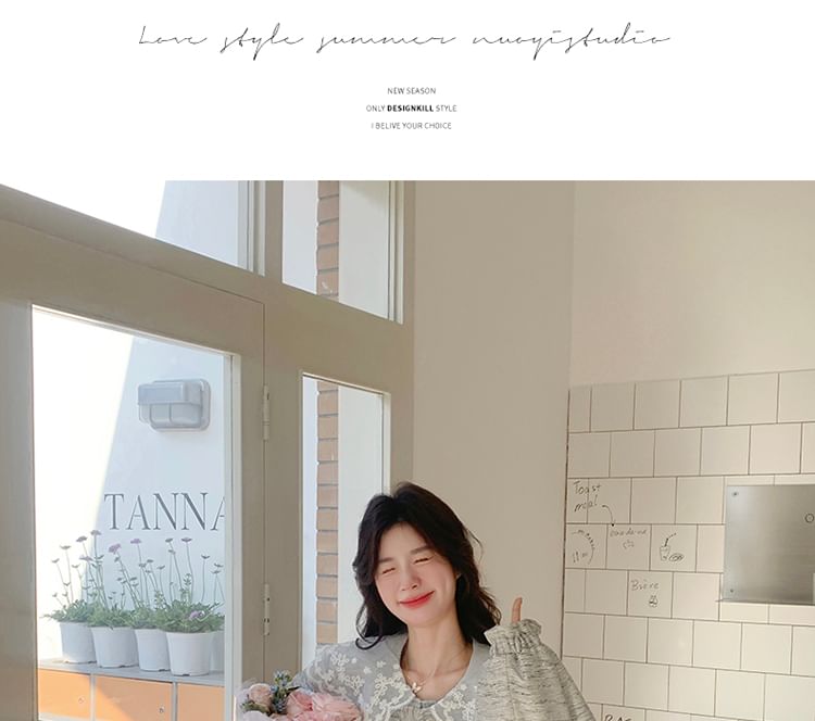 Peter Pan Collar Lace Panel Frill Trim Button-Up Jacket