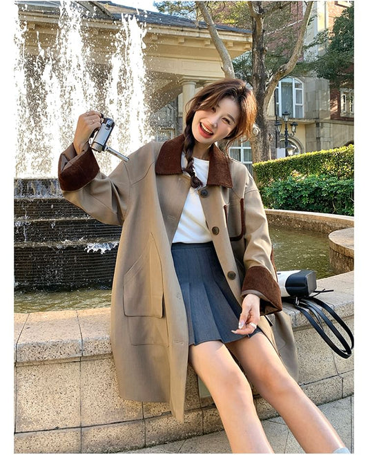 Collared Two Tone Corduroy Panel Button-Up Long Coat