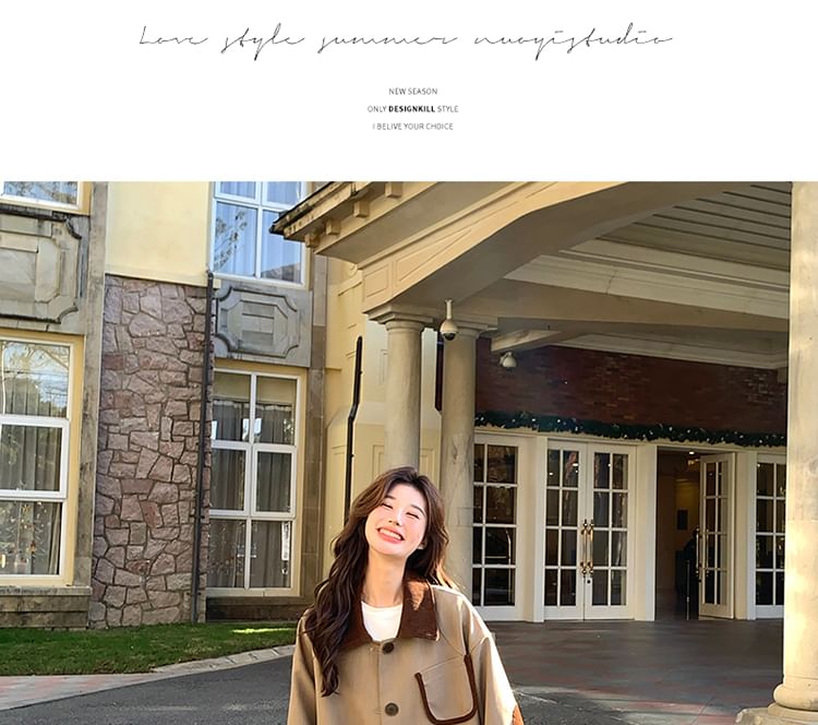 Collared Two Tone Corduroy Panel Button-Up Long Coat