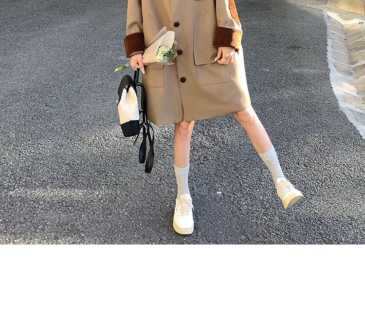 Collared Two Tone Corduroy Panel Button-Up Long Coat