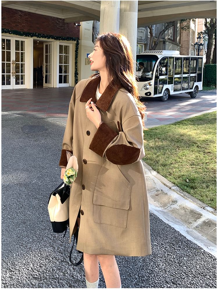 Collared Two Tone Corduroy Panel Button-Up Long Coat