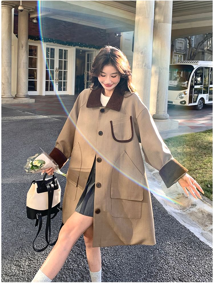 Collared Two Tone Corduroy Panel Button-Up Long Coat
