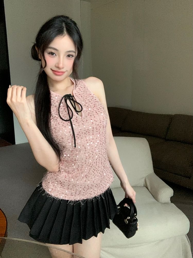 Sequin Tie Neck Sleeveless Top