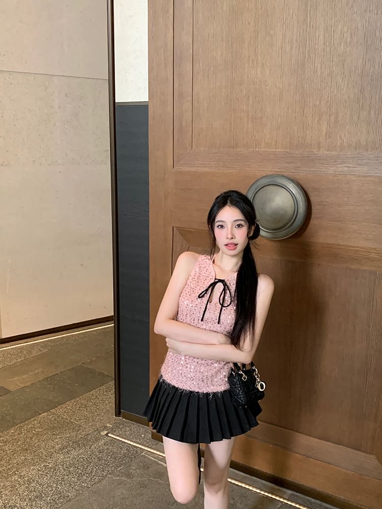 Sequin Tie Neck Sleeveless Top