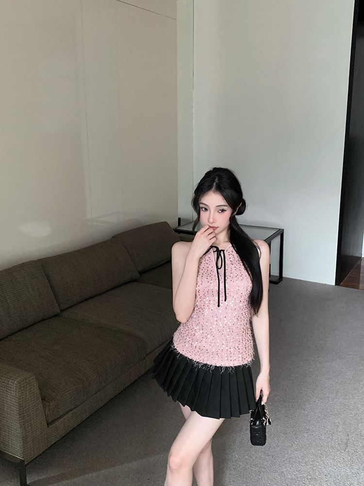 Sequin Tie Neck Sleeveless Top