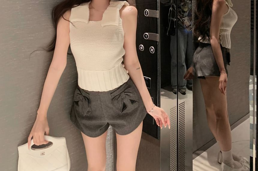 Top / Waist Knit Plain Shorts High Plaid Bow Camisole