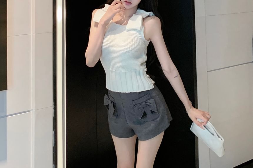 Top / Waist Knit Plain Shorts High Plaid Bow Camisole