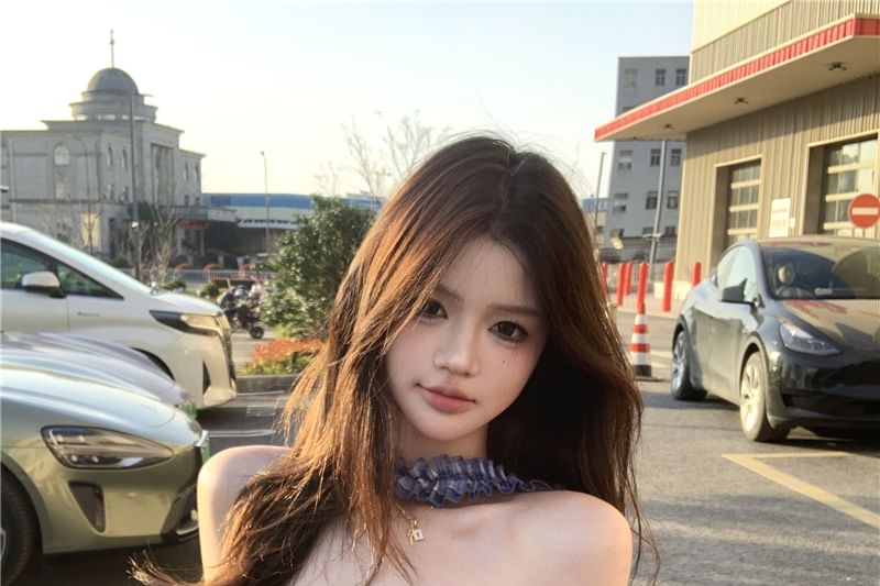 Pants Plaid Bustier Tube Rise / Frill Mid Suit Top Leg Plain Wide