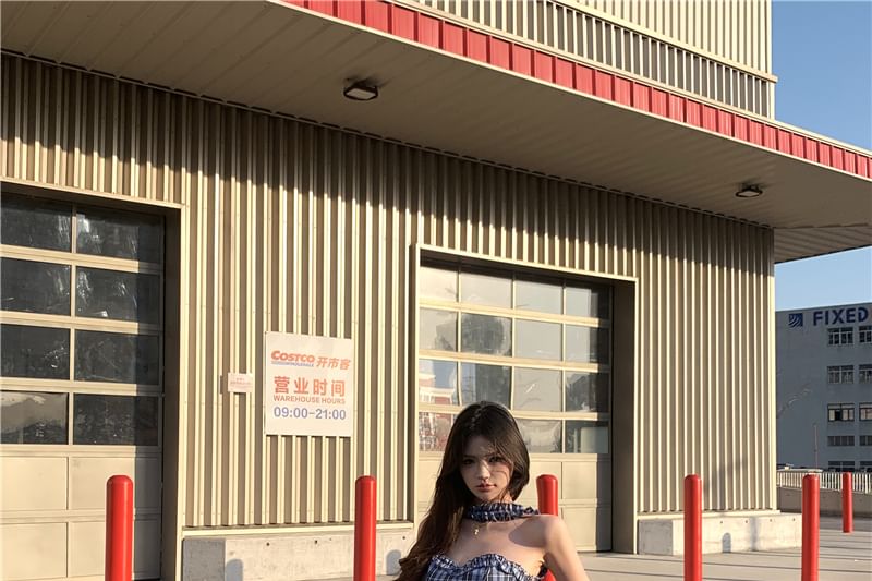 Pants Plaid Bustier Tube Rise / Frill Mid Suit Top Leg Plain Wide