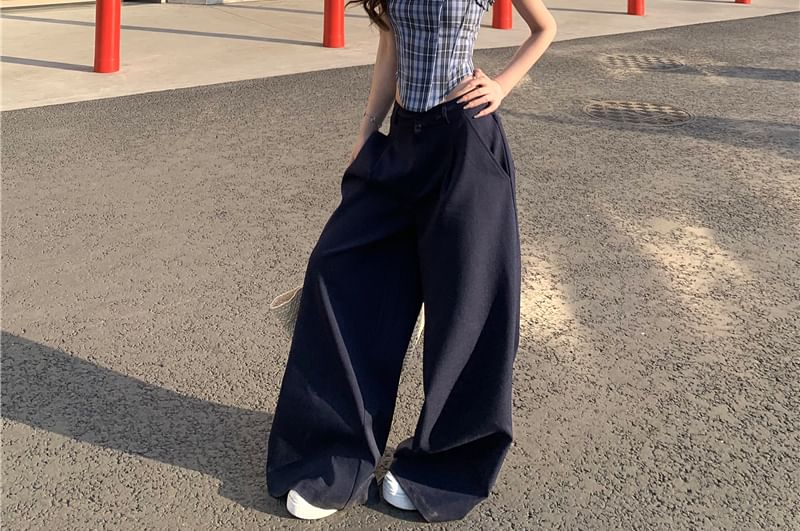 Pants Plaid Bustier Tube Rise / Frill Mid Suit Top Leg Plain Wide