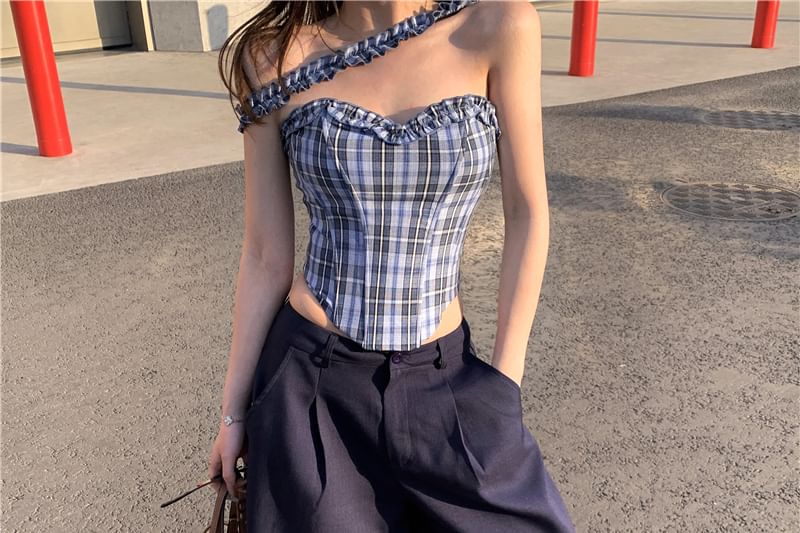 Pants Plaid Bustier Tube Rise / Frill Mid Suit Top Leg Plain Wide