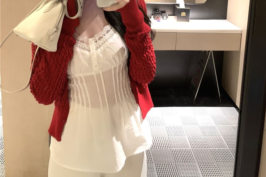 Pintuck Plain Camisole / Cardigan Top Panel Lace