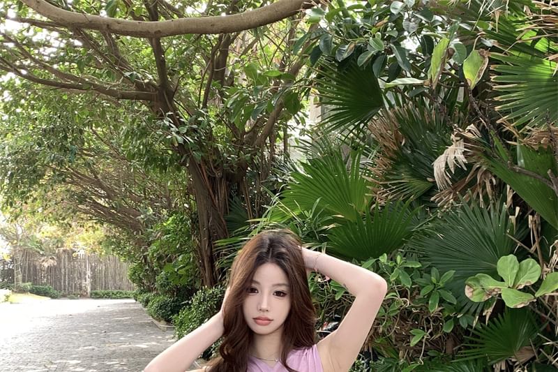 Top Ruched Panel Plain Sleeveless Bodysuit