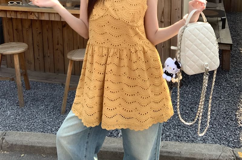 Embroidered Dress Plain Spaghetti Mini A-Line Eyelet Strap